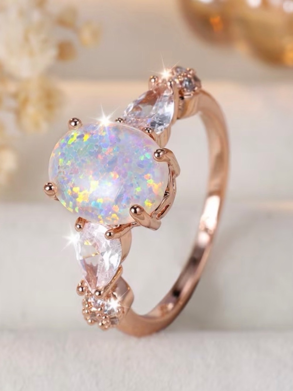 Gold Opal Halo Sparkling Stones Ring. - Picture 4 of 7